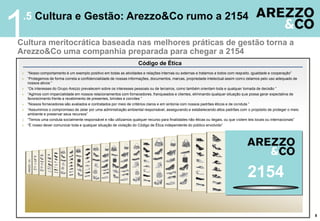 .5 Cultura e Gestão: Arezzo&Co rumo a 2154
Cultura meritocrática baseada nas melhores práticas de gestão torna a
Arezzo&Co uma companhia preparada para chegar a 2154
Código de Ética
 “Nosso comportamento é um exemplo positivo em todas as atividades e relações internas ou externas e tratamos a todos com respeito, igualdade e cooperação”
 “Protegemos de forma correta a confidencialidade de nossas informações, documentos, marcas, propriedade intelectual assim como zelamos pelo uso adequado de
nossos ativos ”
 “Os interesses do Grupo Arezzo prevalecem sobre os interesses pessoais ou de terceiros, como também orientam toda e qualquer tomada de decisão ”
 “Agimos com imparcialidade em nossos relacionamentos com fornecedores, franqueados e clientes, eliminando qualquer situação que possa gerar expectativa de
favorecimento frente a recebimento de presentes, brindes e convites ”
 “Nossos fornecedores são avaliados e contratados por meio de critérios claros e em sintonia com nossos padrões éticos e de conduta ”
 “Assumimos o compromisso de zelar por uma administração ambiental responsável, assegurando e estabelecendo altos padrões com o propósito de proteger o meio
ambiente e preservar seus recursos”
 “Temos uma conduta socialmente responsável e não utilizamos qualquer recurso para finalidades não éticas ou ilegais, ou que violem leis locais ou internacionais”
 “É nosso dever comunicar toda e qualquer situação de violação do Código de Ética independente do público envolvido”
2010
2154
8
1
 