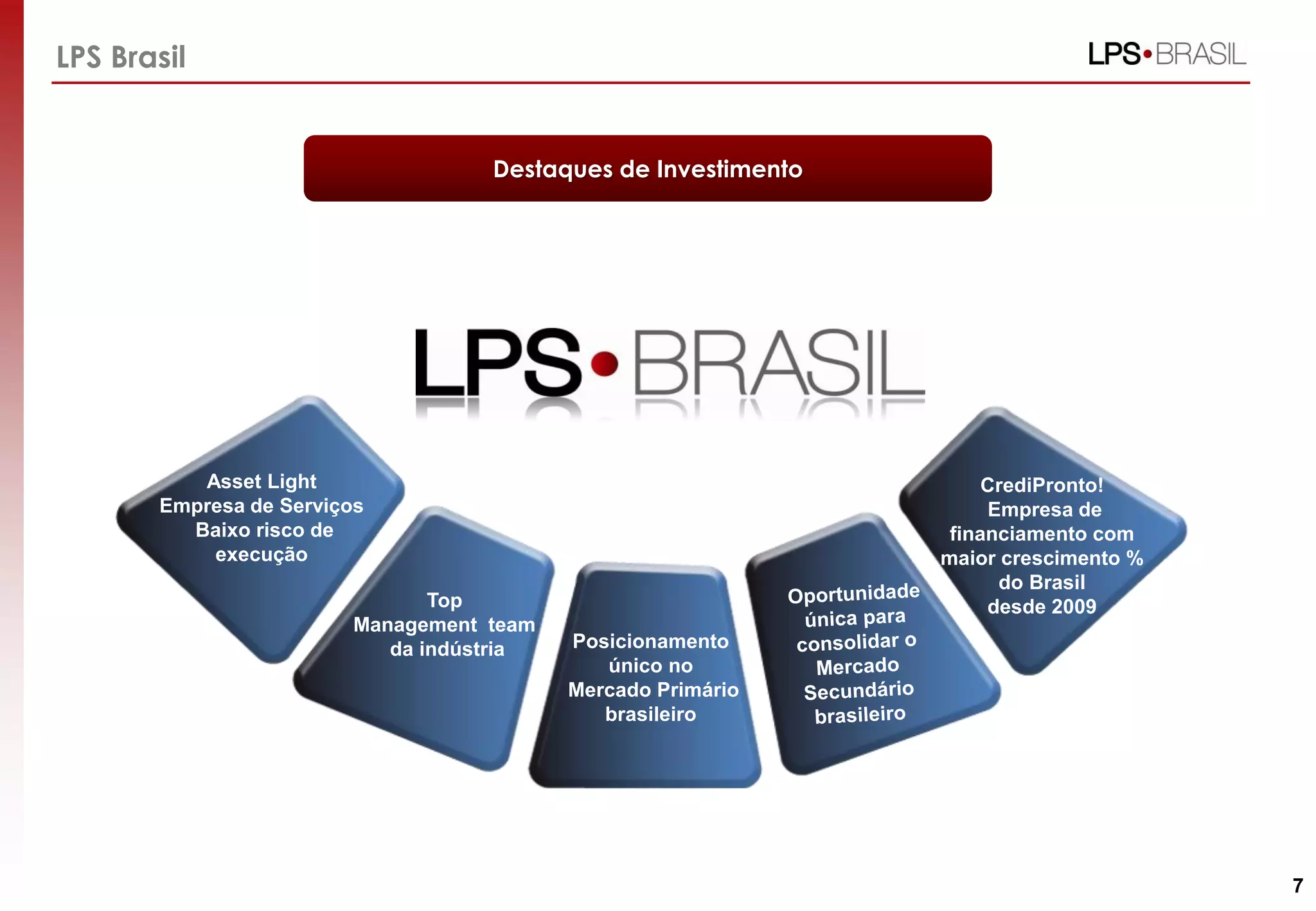 7
Asset Light
Empresa de Serviços
Baixo risco de
execução
Top
Management team
da indústria Posicionamento
único no
Mercado Primário
brasileiro
CrediPronto!
Empresa de
financiamento com
maior crescimento %
do Brasil
desde 2009
LPS Brasil
Destaques de Investimento
 