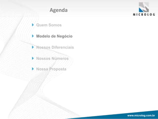 www.microlog.com.brwww.microlog.com.br
Agenda
Quem Somos
Modelo de Negócio
Nossos Diferenciais
Nossos Números
Nossa Proposta
 