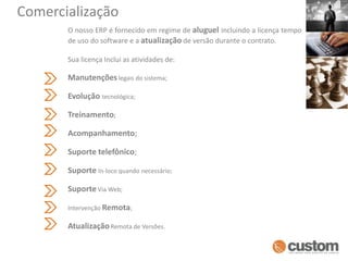 ComercializaçãoO nosso ERP é fornecido em regime de aluguel incluindo a licença temporária de uso do software e a atualização de versão durante o contrato. Sua licença Inclui as atividades de: Manutençõeslegais do sistema;Evoluçãotecnológica;Treinamento;Acompanhamento;Suporte telefônico;SuporteIn-loco quando necessário;Suporte Via Web;Intervenção Remota;AtualizaçãoRemota de Versões.