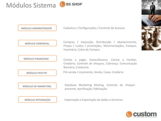 Módulos SistemaCadastros / Configurações / Controle de Acessos.MÓDULO ADMINISTRADORCompras / reposição, Distribuição / abastecimento, Preços / custos / promoções, Movimentações, Estoque, Inventário, Cotas de Compra.MÓDULO COMERCIALMÓDULO FINANCEIROContas a pagar, Caixas/bancos, Contas a receber, Crediário, Controle de cheques, Cobrança, Comunicação Bancária, Credscore.Pré-venda / orçamento, Venda, Caixa, Crediário.MÓDULO PDV/TEFDatabase Marketing Mailing, Controle de cheque-presente, bonificação, fidelização. MÓDULO DE MARKETINGImportação e Exportação de dados a terceiros.MÓDULO INTEGRAÇÃO