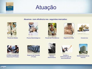 Atuação
                     Atuamos com eficiência nos seguintes mercados:




 Planos de Saúde       Planos Odontológicos   Planos de Previdência       Seguros de Vida        Consórcios




Crédito Consignado      Seguros de Veículos                               Gestão e
                                                    Ramos                                   Refinanciamento de
Empresas Privadas            e Frotas                                 Administração de
                                                 Elementares                                      Imóveis
                                                                       seus benefícios
 