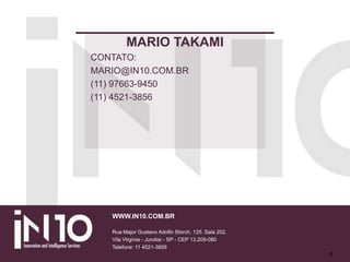 8
MARIO TAKAMI
CONTATO:
MARIO@IN10.COM.BR
(11) 97663-9450
(11) 4521-3856
WWW.IN10.COM.BR
Rua Major Gustavo Adolfo Storch, 125. Sala 202.
Vila Virgínia - Jundiaí - SP - CEP 13.209-080
Telefone: 11 4521-3856
 