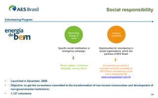 Social responsibility
Volunteering Program




                                                 Distributing                         Acting to
                                                  Energy of                          Transform
                                                    Good



                                        Specific social mobilization or   Opportunities for volunteering in
                                           emergency campaign.            social organizations, which are
                                                                              partners of AES Brazil



                                          Winter clothes, Christmas          Co-workers can enroll in
                                          campaign, among others.         volunteer activities available at
                                                                          AES Brazil volunteering portal
                                                                               since September/09
                                                                           www.energiadobem.com.br
•   Launched in December, 2008;
•   Objective: to get the co-workers committed to the transformation of low income communities and development of
    non-governmental institutions;
•   1,137 volunteers                                                                                           34
 