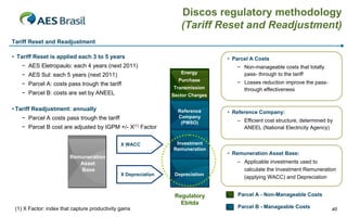 Discos regulatory methodology
                                                                   (Tariff Reset and Readjustment)
Tariff Reset and Readjustment

• Tariff Reset is applied each 3 to 5 years                                      • Parcel A Costs
   − AES Eletropaulo: each 4 years (next 2011)                                      − Non-manageable costs that totally
                                                                   Energy             pass- through to the tariff
   − AES Sul: each 5 years (next 2011)
                                                                  Purchase          − Losses reduction improve the pass-
   − Parcel A: costs pass trough the tariff
                                                                Transmission          through effectiveness
   − Parcel B: costs are set by ANEEL                           Sector Charges

• Tariff Readjustment: annually                                   Reference      • Reference Company:
   − Parcel A costs pass trough the tariff                        Company
                                                                                    – Efficient cost structure, determined by
                                                                   (PMSO)
   − Parcel B cost are adjusted by IGPM +/- X(1) Factor                               ANEEL (National Electricity Agency)


                                               X WACC            Investment
                                                                Remuneration
                                                                                 • Remuneration Asset Base:
                         Remuneration
                            Asset                                                   – Applicable investments used to
                            Base                                                      calculate the Investment Remuneration
                                               X Depreciation    Depreciation
                                                                                      (applying WACC) and Depreciation


                                                                 Regulatory         Parcel A - Non-Manageable Costs
                                                                   Ebitda
 (1) X Factor: index that capture productivity gains                                Parcel B - Manageable Costs             40
 