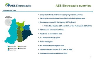 AES Eletropaulo overview
Concession Area

                   Largest electricity distribution company in Latin America

                   Serving 24 municipalities in the São Paulo Metropolitan area

                   Concession area with the highest GDP in Brazil:

                        17.3% of the Brazilian GDP and 50.9% of São Paulo’s state GDP (2007)

                   46 thousand kilometers of lines

                   4,526 km2 of concession area

                   1.1 million electricity poles

                   4,557 employees

                   6.0 million of consumption units

                   Total distributed volume of 41 TWh in 2009

                   Concession contract valid until 2028

                                                                                           6
 