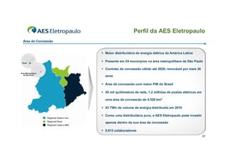 Perfil da AES Eletropaulo
Área de Concessão


                     Maior distribuidora de energia elétrica da América Latina

                     Presente em 24 municípios na área metropolitana de São Paulo

                     Contrato de concessão válido até 2028; renovável por mais 30

                      anos

                     Área de concessão com maior PIB do Brasil

                     45 mil quilômetros de rede, 1,2 milhões de postes elétricos em

                      uma área de concessão de 4.526 km2

                     43 TWh de volume de energia distribuída em 2010

                     Como uma distribuidora pura, a AES Eletropaulo pode investir

                      apenas dentro da sua área de concessão

                     5.613 colaboradores
                                                                                       23
 