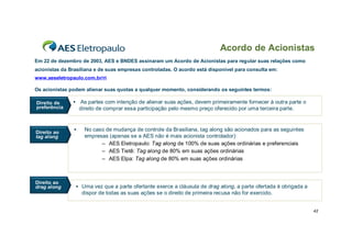 Acordo de Acionistas
Em 22 de dezembro de 2003, AES e BNDES assinaram um Acordo de Acionistas para regular suas relações como
acionistas da Brasiliana e de suas empresas controladas. O acordo está disponível para consulta em:
www.aeseletropaulo.com.br/ri

Os acionistas podem alienar suas quotas a qualquer momento, considerando os seguintes termos:

Direito de         As partes com intenção de alienar suas ações, devem primeiramente fornecer à outra parte o
preferência         direito de comprar essa participação pelo mesmo preço oferecido por uma terceira parte.


                     No caso de mudança de controle da Brasiliana, tag along são acionados para as seguintes
Direito ao
tag along             empresas (apenas se a AES não é mais acionista controlador):
                            – AES Eletropaulo: Tag along de 100% de suas ações ordinárias e preferenciais
                            – AES Tietê: Tag along de 80% em suas ações ordinárias
                            – AES Elpa: Tag along de 80% em suas ações ordinárias



Direito ao
drag along          Uma vez que a parte ofertante exerce a cláusula de drag along, a parte ofertada é obrigada a
                     dispor de todas as suas ações se o direito de primeira recusa não for exercido.


                                                                                                                    42
 