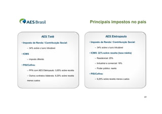 Principais impostos no país


                    AES Tietê                                             AES Eletropaulo

• Imposto de Renda / Contribuição Social:                 • Imposto de Renda / Contribuição Social:

     – 34% sobre o lucro tributável                            – 34% sobre o lucro tributável


• ICMS                                                    • ICMS: 22% sobre receita (taxa média)

                                                               – Residencial: 25%
     – imposto diferido
                                                               – Industrial e comercial: 18%
• PIS/Cofins:
                                                               – Poder público: isento
     – PPA com AES Eletropaulo: 3,65% sobre receita
                                                          • PIS/Cofins:
     – Outros contratos bilaterais: 9,25% sobre receita
                                                               – 9,25% sobre receita menos custos
     menos custos




                                                                                                      43
 