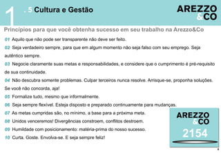 Princípios para que você obtenha sucesso em seu trabalho na Arezzo&Co
8
1
. 5 Cultura e Gestão
01 Aquilo que não pode ser transparente não deve ser feito.
02 Seja verdadeiro sempre, para que em algum momento não seja falso com seu emprego. Seja
autêntico sempre.
03 Negocie claramente suas metas e responsabilidades, e considere que o cumprimento é pré-requisito
de sua continuidade.
04 Não descubra somente problemas. Culpar terceiros nunca resolve. Arrisque-se, proponha soluções.
Se você não concorda, aja!
05 Formalize tudo, mesmo que informalmente.
06 Seja sempre flexível. Esteja disposto e preparado continuamente para mudanças.
07 As metas cumpridas são, no mínimo, a base para a próxima meta.
08 Unidos venceremos! Divergências constroem, conflitos destroem.
09 Humildade com posicionamento: matéria-prima do nosso sucesso.
10 Curta. Goste. Envolva-se. E seja sempre feliz! 2154
 