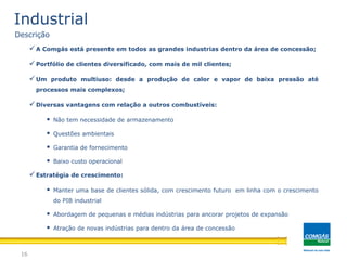 16
Industrial
Descrição
A Comgás está presente em todos as grandes industrias dentro da área de concessão;
Portfólio de clientes diversificado, com mais de mil clientes;
Um produto multiuso: desde a produção de calor e vapor de baixa pressão até
processos mais complexos;
Diversas vantagens com relação a outros combustíveis:
 Não tem necessidade de armazenamento
 Questões ambientais
 Garantia de fornecimento
 Baixo custo operacional
Estratégia de crescimento:
 Manter uma base de clientes sólida, com crescimento futuro em linha com o crescimento
do PIB industrial
 Abordagem de pequenas e médias indústrias para ancorar projetos de expansão
 Atração de novas indústrias para dentro da área de concessão
 