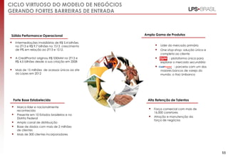 CICLO VIRTUOSO DO MODELO DE NEGÓCIOS
GERANDO FORTES BARREIRAS DE ENTRADA

Sólida Performance Operacional



Ampla Gama de Produtos

Intermediações imobiliárias de R$ 5,4 bilhões
no 2T13 e R$ 9,7 bilhões no 1S13 crescimento
de 9% em relação ao 2T13 e 1S12.



Forte Base Estabelecida








Marca líder e nacionalmente
reconhecida
Presente em 10 Estados brasileiros e no
Distrito Federal
Amplo canal de distribuição
Base de dados com mais de 2 milhões
de clientes
Mais de 300 clientes incorporadores

: plataforma única para
explorar o mercado secundário



Mais de 15 milhões de acessos únicos ao site
da Lopes em 2012

Líder do mercado primário



A CrediPronto! originou R$ 530MM no 2T13 e
R$ 4,5 bilhões desde a sua criação em 2008






: parceria com um dos
maiores bancos de varejo do
mundo, o Itaú Unibanco

One-stop-shop: solução única e
completa ao cliente

Alta Retenção de Talentos





Força comercial com mais de
16.000 corretores
Atração e manutenção da
força de negócios

11

 
