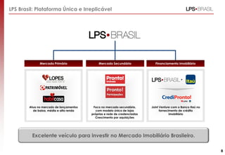 LPS Brasil: Plataforma Única e Irreplicável

Mercado Primário

Mercado Secundário

Financiamento Imobiliário

+

Atua no mercado de lançamentos
de baixa, média e alta renda

Foco no mercado secundário,
com modelo único de lojas
próprias e rede de credenciadas
Crescimento por aquisições

Joint Venture com o Banco Itaú no
fornecimento de crédito
imobiliário

Excelente veículo para investir no Mercado Imobiliário Brasileiro.
8

 