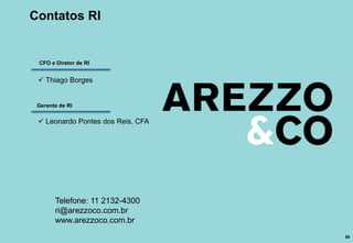 59
Contatos RI
 Thiago Borges
 Leonardo Pontes dos Reis, CFA
Telefone: 11 2132-4300
ri@arezzoco.com.br
www.arezzoco.com.br
CFO e Diretor de RI
Gerente de RI
 