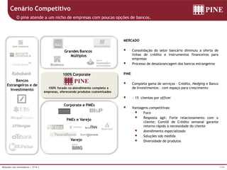 7/39Relações com Investidores | 2T16 |
MERCADO
 Consolidação do setor bancário diminuiu a oferta de
linhas de crédito e instrumentos financeiros para
empresas
 Processo de desalavancagem dos bancos estrangeiros
PINE
 Completa gama de serviços – Crédito, Hedging e Banco
de Investimentos – com espaço para crescimento
 ~ 15 clientes por officer
 Vantagens competitivas:
 Foco
 Resposta ágil: Forte relacionamento com o
cliente; Comitê de Crédito semanal garante
retorno rápido à necessidade do cliente
 Atendimento especializado
 Soluções sob medida
 Diversidade de produtos
Grandes Bancos
Múltiplos
PMEs e Varejo
Corporate e PMEs
100% Corporate
100% focado no atendimento completo a
empresas, oferecendo produtos customizados
Bancos
Estrangeiros e de
Investimento
Cenário Competitivo
O pine atende a um nicho de empresas com poucas opções de bancos.
Varejo
 