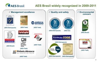 AES Brasil widely recognized in 2009-2011

       Management excellence                          Quality and safety                     Environmental
                                                                                                  concern




(AES Eletropaulo)      (AES Tietê)      (AES Tietê)

                                                      (AES Eletropaulo)     (AES Sul)
                                                                                                 (AES Brasil)

                    (AES Eletropaulo)



                                                              (AES Eletropaulo)
                                        (AES Tietê)
   (AES Brasil)
                       (AES Tietê)
                                                                                                 (AES Tietê)



                      (AES Tietê)                     (AES Eletropaulo)   (AES Eletropaulo)

                                                                                                                3
 