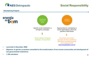 Social Responsibility
    Volunteering Program




                                                    Distributing                         Acting to
                                                     Energy of                          Transform
                                                       Good



                                           Specific social mobilization or   Opportunities for volunteering in
                                              emergency campaign.            social organizations, which are
                                                                                 partners of AES Brazil



                                             Winter clothes, Christmas          Co-workers can enroll in
                                             campaign, among others.         volunteer activities available at
                                                                             AES Brazil volunteering portal
                                                                                  since September/09
                                                                              www.energiadobem.com.br
•      Launched in December, 2008;
•      Objective: to get the co-workers committed to the transformation of low income communities and development of
       non-governmental institutions;
•      1,199 volunteers                                                                                           35
 