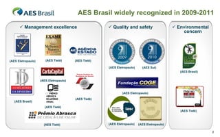 AES Brasil widely recognized in 2009-2011

       Management excellence                          Quality and safety                     Environmental
                                                                                                  concern




(AES Eletropaulo)      (AES Tietê)      (AES Tietê)

                                                      (AES Eletropaulo)     (AES Sul)
                                                                                                 (AES Brasil)

                    (AES Eletropaulo)



                                                              (AES Eletropaulo)
                                        (AES Tietê)
   (AES Brasil)
                       (AES Tietê)
                                                                                                 (AES Tietê)



                      (AES Tietê)                     (AES Eletropaulo)   (AES Eletropaulo)

                                                                                                                3
 