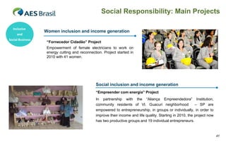 Social Responsibility: Main Projects

  Inclusive 
                  Women inclusion and income generation
     and
Social Business
                   “Fornecedor Cidadão” Project
                   Empowerment of female electricians to work on
                   energy cutting and reconnection. Project started in
                   2010 with 41 women.




                                               Social inclusion and income generation
                                               “Empreender com energia” Project
                                               In partnership with the “Aliança Empreendedora” Institution,
                                               community residents of Vl. Guacuri neighborhood              – SP are
                                               empowered to entrepreneurship, in groups or individually, in order to
                                               improve their income and life quality. Starting in 2010, the project now
                                               has two productive groups and 19 individual entrepreneurs.


                                                                                                                          41
 