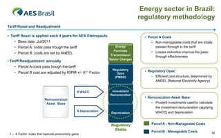 Energy sector in Brazil:
                                                                                     regulatory methodology
Tariff Reset and Readjustment

• Tariff Reset is applied each 4 years for AES Eletropaulo                             • Parcel A Costs
    − Base date: Jul/2011                                                                 − Non-manageable costs that are totally
    − Parcel A: costs pass trough the tariff                            Energy              passed through to the tariff
                                                                       Purchase           − Losses reduction improve the pass-
    − Parcel B: costs are set by ANEEL                               Transmission
                                                                                            through effectiveness
                                                                    Sector Charges
• Tariff Readjustment: annually
    − Parcel A costs pass trough the tariff
                                                                      Regulatory       • Regulatory Opex:
    − Parcel B cost are adjusted by IGPM +/- X(1) Factor                Opex
                                                                       (PMSO)             – Efficient cost structure, determined by
                                                                                            ANEEL (National Electricity Agency)


                                                   X WACC            Investment
                                                                    Remuneration
                                                                                       • Remuneration Asset Base:
                           Remuneration
                            Asset Base                                                    – Prudent investments used to calculate
                                                                                            the investment remuneration (applying
                                                   X Depreciation                           WACC) and depreciation
                                                                     Depreciation



                                                                     Regulatory           Parcel A - Non-Manageable Costs
                                                                       Ebitda
                                                                                          Parcel B - Manageable Costs             14
 1 – X Factor: index that captures productivity gains
 