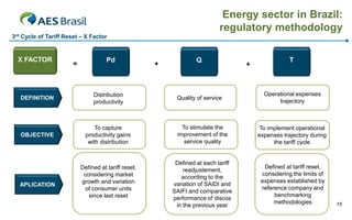 Energy sector in Brazil:
                                                                            regulatory methodology
3rd Cycle of Tariff Reset – X Factor


  X FACTOR                            Pd                           Q                                T
                       =                              +                             +



                                Distribution                                              Operational expenses
   DEFINITION                                              Quality of service
                                productivity                                                   trajectory



                                 To capture                  To stimulate the           To implement operational
   OBJECTIVE                 productivity gains            improvement of the           expenses trajectory during
                              with distribution               service quality                the tariff cycle


                                                           Defined at each tariff
                           Defined at tariff reset,                                       Defined at tariff reset,
                                                              readjustement,
                            considering market                                           considering the limits of
                                                             according to the
                           growth and variation                                          expenses established by
   APLICATION                                             variation of SAIDI and
                             of consumer units                                           reference company and
                                                          SAIFI and comparative
                              since last reset                                                benchmarking
                                                          performance of discos
                                                                                              methodologies          15
                                                           in the previous year
 