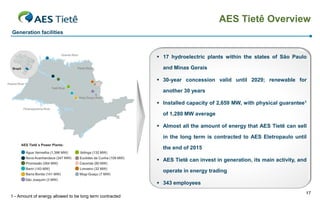AES Tietê Overview
Generation facilities



                                                           17 hydroelectric plants within the states of São Paulo

                                                            and Minas Gerais

                                                           30-year concession valid until 2029; renewable for

                                                            another 30 years

                                                           Installed capacity of 2,659 MW, with physical guarantee1

                                                            of 1,280 MW average

                                                           Almost all the amount of energy that AES Tietê can sell

                                                            in the long term is contracted to AES Eletropaulo until

                                                            the end of 2015

                                                           AES Tietê can invest in generation, its main activity, and

                                                            operate in energy trading

                                                           343 employees
                                                                                                                     17
1 - Amount of energy allowed to be long term contracted
 