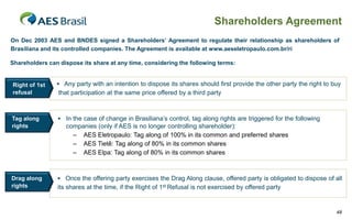 Shareholders Agreement
On Dec 2003 AES and BNDES signed a Shareholders’ Agreement to regulate their relationship as shareholders of
Brasiliana and its controlled companies. The Agreement is available at www.aeseletropaulo.com.br/ri

Shareholders can dispose its share at any time, considering the following terms:


Right of 1st     Any party with an intention to dispose its shares should first provide the other party the right to buy
refusal          that participation at the same price offered by a third party



Tag along        In the case of change in Brasiliana’s control, tag along rights are triggered for the following
rights             companies (only if AES is no longer controlling shareholder):
                     – AES Eletropaulo: Tag along of 100% in its common and preferred shares
                     – AES Tietê: Tag along of 80% in its common shares
                     – AES Elpa: Tag along of 80% in its common shares



Drag along       Once the offering party exercises the Drag Along clause, offered party is obligated to dispose of all
rights          its shares at the time, if the Right of 1st Refusal is not exercised by offered party


                                                                                                                       48
 
