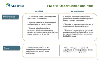 PM 579: Opportunities and risks
AES Tietê

Opportunities

 Competitive prices in the free market
(~ R$ 100 – R$ 110/MWh)
 Possible pressure of higher prices at
the free market in the short term
 Possible sale of electricity to
generators whose concessions are
expiring, to cover contracts set in the free
market between 2015 and 2017

Risks

 Recognition by ANEEL of the
investments in modernization for
compensation at the end of the
concession

AES Eletropaulo
 Marginal benefits in collection and
potential decrease in delinquency, since
energy costs will be reduced
 Increase in energy consumption, as a
potential result of the drop in tariffs
 Exchange rate variation of the energy
price purchased from Itaipu will no longer
be suportted by distribution companies,
but by Eletrobras

 Financial impact between tariff
adjustments of hydrological risks due to
the allocation of energy quotas

23

 
