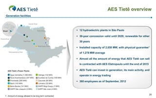 AES Tietê overview
Generation facilities

 12 hydroelectric plants in São Paulo
 30-year concession valid until 2029; renewable for other
30 years
 Installed capacity of 2,658 MW, with physical guarantee1
of 1,278 MW average
 Almost all the amount of energy that AES Tietê can sell
is contracted with AES Eletropaulo until the end of 2015

 AES Tietê can invest in generation, its main activity, and
operate in energy trading
 360 employees as of September, 2012

1 - Amount of energy allowed to be long term contracted

25

 