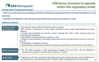 Efficiency increase to operate
within the regulatory limits
“Criando Valor” (Creating Value) Project
 Aims cost control gains by increasing productivity, optimizing supporting functions and enhancing efficiency in key

processes
 Benefits to be obtained in 2012 will absorb part of tariff reset impacts and pressure on costs
Additional initiatives
Process review/
Cost reduction

Cost reduction target of R$ 100 million from 2013 onwards
30% increase in productivity of north region operational teams (under implementation for others
regions)
 Increase clients attended by automatic service channels from 44% to 69%, reducing costs and
enhancing client satisfaction
 Optimization of operational bases, reducing 2 units
 Review of stores portfolio by increasing outsourced services and reducing the number of units from
66 to 40
 Renegotiation of suppliers contracts
 Organizational restructuring involving 372 employees until October, with elimination of 68 positions

Debt restructuring  R$ 750 million reduction in debt amortizations between 2013 and 2015, with the flexibility of
covenants and increase in maturity from 6.6 years to 7.2 years

Real estate

 Relocation to the new corporate headquarters will increase productivity gains and demobilization of
real estate with an estimated selling value of R$239 million, benefiting 2012 and 2013 results
44

 
