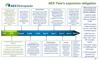 AES Tiete's expansion obligation
Efforts being made
Privatization Notice
established the
obligation to expand the
installed capacity in
15% (400 MW) until
2007, either in
greenfield projects
and/or through long
term purchase
agreements with new
plants

Judicial Notice:
Aneel informed
that the issue is
not related to
the concession
agreement and
must be
addressed with
the State of São
Paulo

The Company was notified
by the State of São Paulo
Attorney's Office to present
its understanding on the
matter, having filed its
response on time, the
proceedings were ended,
since no other action was
taken by the Attorney's
Office

AES Tietê was
summoned to answer a
Lawsuit filed by the
State of São Paulo,
which requested the
fulfillment of the
obligation in 24 months.
An injunction was
granted in order to have
a project submitted
within 60 days.

19th

In March,
the
Company’s appeal
was denied. Thus,
on April, 26th AES
Tietê presented
“Thermo São Paulo”
project as the plan
to fullfill the
obligation to
expand the installed
capacity.

by the Company to
meet the obligation :

• Long-term energy
contracts (biomass)
totaling an average of
10 MW
• SHPP São Joaquim

- started operating in
July, 2011, with 3 MW
of installed capacity

1999

2007

Aug/08

Oct/08

Jul/09

Sep/10

Sep/11

Nov/11

Apr/12

Sep/12

• SHPP São José started operating in
March, 2012, with 4
MW of installed

Company faces restrictions until
deadline:
• Insufficiency of hydro resources
• Environmental restrictions

• Insufficiency of natural gas supply
• New Model of Electric Sector (Law #
10,848/2004), which forbids bilateral
agreements between generators and
distributors

In response to a
Popular Action (filed
by individuals against
the Federal
Government, Aneel,
AES Tietê and Duke),
the Company presents
its defense before the
first instance

Popular Action:
Due to the plaintiffs failure
to specify the persons that
should be named as
Defendants, a favorable
decision was rendered by
the first Instance Court
(an appeal has been filed)

Lawsuit:
The Company
appealed to the
State of Sao
Paulo State
Court of
Appeals and
the injunction
was kept

Decision in
the first
appeal level
determined
the state of
São Paulo to
express
about AES
Tietê’s
Expansion
program

capacity
• Thermal SP - Project
of a 550MW gas fired
thermo plant
• Thermal Araraquara
- Acquisition of a
purchase option
54

 
