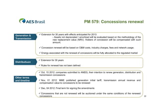 PM 579: Concessions renewal

Generation &
Transmission
T
i i

 Extension for 30 years with effects anticipated for 2013:
- Assets not depreciated / amortized will be evaluated based on the methodology of the
new replacement value (NRV). Holders of concession will be compensated with such
amount;
 Concession renewal will be based on O&M costs, industry charges, fees and network usage;
 Energy associated with the renewal of concessions will be fully allocated to the regulated market

Distributiuon

 Extension for 30 years
 Rules for renewal has not been defined
 Oct, 15 2012: companies submitted to ANEEL their intention to renew generation, distribution and
transmission concessions

Other terms
and timeline

 Nov, 01 2012: MME published generation initial tariff, transmission annual revenue and
compensation value to concessions to be renewed
 Dec, 04 2012: Final term for signing the amendments
 Concessions that are not renewed will be auctioned under the same conditions of the renewed
concessions

22

 