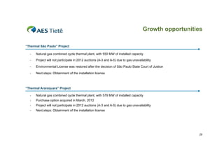 Growth opportunities
“Thermal São Paulo” Project
-

Natural
N t l gas combined cycle th
bi d
l thermal plant, with 550 MW of i t ll d capacity
l l t ith
f installed
it

-

Project will not participate in 2012 auctions (A-3 and A-5) due to gas unavailability

-

Environmental License was restored after the decision of São Paulo State Court of Justice

-

Next steps: Obtainment of the installation license

“Thermal A
“Th
l Araraquara” Project
”P j t
-

Natural gas combined cycle thermal plant, with 579 MW of installed capacity

-

Purchase option acquired in March, 2012

-

Project ill t
P j t will not participate i 2012 auctions (A 3 and A 5) d t gas unavailability
ti i t in
ti
(A-3 d A-5) due to
il bilit

-

Next steps: Obtainment of the installation license

29

 