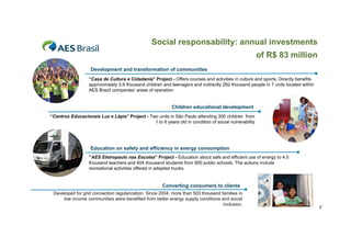 Social responsability: annual investments
of R$ 83 million
Development and transformation of communities
“Casa de Cultura e Cidadania” Project - Offers courses and activities in culture and sports. Directly benefits
approximately 5 6 tho sand
appro imatel 5.6 thousand children and teenagers and indirectl 292 tho sand people in 7 units located within
indirectly
thousand
nits
ithin
AES Brazil companies’ areas of operation

Children educational development
“Centros Educacionais Luz e Lápis” Project - Two units in São Paulo attending 300 children from
1 to 6 years old in condition of social vulnerability

Education on safety and efficiency in energy consumption
“AES Eletropaulo nas Escolas” Project - Education about safe and efficient use of energy to 4.5
thousand teachers and 404 thousand students from 900 public schools. The actions include
recreational activities offered in adapted trucks.

Converting consumers to clients
Developed for grid connection regularization. Since 2004, more than 500 thousand families in
low income communities were benefited from better energy supply conditions and social
inclusion.

5

 
