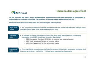 Shareholders agreement
On Dec 2003 AES and BNDES signed a Shareholders’ Agreement to regulate their relationship as shareholders of
Brasiliana and its controlled companies. The Agreement is available at www.aeseletropaulo.com.br/ri
Shareholders can dispose its share at any time, considering the following terms:
time

Right of 1st
refusal

 Any party with an intention to dispose its shares should first provide the other party the right to buy

Tag along
rights

 In the case of change in Brasiliana’s control, tag along rights are triggered for the following

Drag along
rights
g

 Once the offering party exercises the Drag Along clause, offered party is obligated to dispose of all

that participation at the same price offered by a third party

companies (only if AES is no longer controlling shareholder):
– AES Eletropaulo: Tag along of 100% in its common and preferred shares
– AES Tietê: Tag along of 80% in its common shares
– AES Elpa: Tag along of 80% in its common shares

its shares at the time, if the Right of 1st Refusal is not exercised by offered party
time

56

 