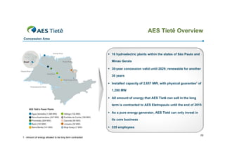 AES Tietê Overview
Concession Area



                                                           16 hydroelectric plants within the states of São Paulo and

                                                            Minas Gerais

                                                           30-year concession valid until 2029; renewable for another

                                                            30 years

                                                           Installed capacity of 2,657 MW, with physical guarantee1 of

                                                            1,280 MW

                                                           All amount of energy that AES Tietê can sell in the long

                                                            term is contracted to AES Eletropaulo until the end of 2015

                                                           As a pure energy generator, AES Tietê can only invest in

                                                            its core business

                                                           335 employees

                                                                                                                         10
1 - Amount of energy allowed to be long term contracted
 
