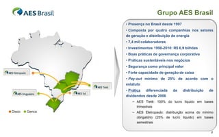 Grupo AES Brasil
• Presença no Brasil desde 1997
• Composta por quatro companhias nos setores
de geração e distribuição de energia
• 7,4 mil colaboradores
• Investimentos 1998-2010: R$ 6,9 bilhões
• Boas práticas de governança corporativa
• Práticas sustentáveis nos negócios
• Segurança como principal valor
• Forte capacidade de geração de caixa
• Pay-out mínimo de 25% de acordo com o
estatuto
• Prática  diferenciada   de      distribuição   de
dividendos desde 2006
   – AES Tietê: 100% do lucro líquido em bases
     trimestrais
   – AES Eletropaulo: distribuição acima do mínimo
      obrigatório (25% de lucro líquido) em bases
      semestrais

                                                 2
 
