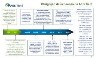Obrigação de expansão da AES Tietê
                                                              Notificação Judicial:                                                 Esforços sendo feitos
 Edital de Privatização                                                                           A Companhia foi intimada a
     estabeleceu a                                           A Companhia foi notificada             responder a uma Ação           pela Companhia visando
                                    Aneel informou
obrigação de expansão                                      judicialmente pela Procuradoria        Ordinária apresentada pelo        atender a obrigação:
                                     que o assunto
de 15% da capacidade                                           Geral do Estado para se            Estado de SP, solicitando o
                                    não tem relação
instalada (400 MW) até                                       pronunciar sobre a questão,         cumprimento da obrigação em          • Contratos de energia
                                   com o contrato de
   2007, em projetos                                           tendo apresentado a sua                    24 meses.
                                   concessão e deve                                                                                      de longo prazo
greenfield e/ou através                                  resposta dentro do prazo e, com
                                   ser resolvido com                                             Foi concedida liminar para que
 de contratos de longo                                    isso, encerrado o procedimento,                                            (biomassa), totalizando
                                    o Estado de SP                                               um projeto fosse apresentado
   prazo com novas                                       já que nenhuma outra medida foi
         usinas                                                                                           em 60 dias.                    10 MW médios
                                                              tomada pela Procuradoria.
                                                                                                                                      • PCH São Joaquim -
                                                                                                                                      entrada em operação
                                                                                                                                       em julho/2011, com
      1999         2007                     Ago/08     Out/08          Jul/09         Set/10          Set/11        Nov/11            3MW de capacidade
                                                                                                                                            instalada

                                                                                                                                      • PCH São José – em
                                                                                                                                      construção, com 4MW
     Companhia enfrenta restrições até                                                                                               de capacidade instalada
            o fim do prazo:                                                          Ação Popular:             Ação Ordinária:
                                                 Em resposta à Ação                                                                   e previsão de entrada
     • Insuficiência de recursos hídricos                                          Devido à falha das
                                                 Popular (movida por                                            A Companhia
                                                                                   demandantes para                                   em operação em 2012
           • Restrições ambientais                particulares contra o                                           apresentou
                                                                               especificar os indivíduos
                                                Governo Federal, Aneel,                                        recurso Tribunal
        • Insuficiência de gás natural                                        que deviam ser nomeados                                • Termo-SP - projeto de
                                                a AES Tietê e Duke), a                                           de Justiça do
       • Lei do Novo Modelo do Setor                                           como réus, uma decisão                                 uma usina térmica de
                                                 Companhia apresenta                                            Estado de São
       Elétrico (Lei nº 10.848/04) que                                        favorável foi proferida pelo
                                                  defesa em primeira                                           Paulo e a liminar      550MW, movida a gás
                                                                              juízo de primeira instância
     proíbe a contratação bilateral entre               instância                                                foi suspensa
                                                                               (foi apresentado recurso)                                     natural
          geradoras e distribuidoras

                                                                                                                                                           47
 
