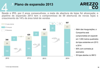 4

.1 Plano de expansão 2013

Desde o IPO, por 2 anos consecutivos, a meta de abertura de lojas foi alcançada; o
pipeline de expansão 2013 tem o compromisso de 59 aberturas de novas lojas e
crescimento de 14% da área total de vendas
12

# Lojas próprias

# Franquias

449

# Repasses

420

29

58

-12

507
43

 Além das inaugurações, a
Companhia está

55

comprometida em expandir

-1
390

31

+13%

55

em 1.000 metros quadrados
464

56

+7%
+8%

de lojas existentes em 2013
e 2014

394

 90% com contratos já

365

334

assinados

 30 lojas abertas no 9M13
2012

1) Inclui lojas internacionais

3T13

2013

2014

35

 