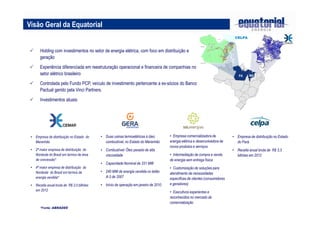 Visão Geral da Equatorial
Holding com investimentos no setor de energia elétrica, com foco em distribuição e
geração
Experiência diferenciada em reestruturação operacional e financeira de companhias no
setor elétrico brasileiro
Controlada pelo Fundo PCP, veículo de investimento pertencente a ex-sócios do Banco
Pactual gerido pela Vinci Partners.
Investimentos atuais:
• Empresa de distribuição no Estado do
Maranhão
• 2ª maior empresa de distribuição do
Nordeste do Brasil em termos de área
de concessão*
• 4ª maior empresa de distribuição do
Nordeste do Brasil em termos de
energia vendida*
• Receita anual bruta de R$ 3,0 bilhões
em 2012
*Fonte: ABRADEE
• Duas usinas termoelétricas à óleo
combustível, no Estado do Maranhão
• Combustível: Óleo pesado de alta
viscosidade
• Capacidade Nominal de 331 MW
• 240 MW de energia vendida no leilão
A-3 de 2007
• Início da operação em janeiro de 2010
• Empresa comercializadora de
energia elétrica e desenvolvedora de
novos produtos e serviços
• Intermediação de compra e venda
de energia sem entrega física
• Customização de soluções para
atendimento de necessidades
específicas de clientes (consumidores
e geradores)
• Executivos experientes e
reconhecidos no mercado de
comercialização
• Empresa de distribuição no Estado
do Pará
• Receita anual bruta de R$ 3,3
bilhões em 2012
PA MA
CELPA
 