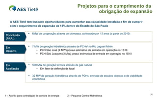 Projetos para o cumprimento da  obrigação de expansão Concluído (PPA 1 ) 1 – Acordo para contratação de compra de energia  2 – Pequena Central Hidrelétrica A AES Tietê tem buscado oportunidades para aumentar sua capacidade instalada a fim de cumprir com o requerimento de expansão de 15% dentro do Estado de São Paulo Em Desenv. Em Avaliação 6MW de co-geração através de biomassa, contratado por 15 anos (a partir de 2010) 7 MW de geração hidrelétrica através de PCHs 2  no Rio Jaguari Mirim PCH São José (4 MW) possui estimativa de entrada em operação no 1S10 PCH São Joaquim (3 MW) possui estimativa de entrada em operação no 1S10 500 MW de geração térmica através de gás natural Em fase de definição de local 32 MW de geração hidrelétrica através de PCHs, em fase de estudos técnicos e de viabilidade econômica 
