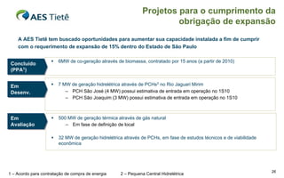 Projetos para o cumprimento da
                                                                         obrigação de expansão
    A AES Tietê tem buscado oportunidades para aumentar sua capacidade instalada a fim de cumprir
    com o requerimento de expansão de 15% dentro do Estado de São Paulo

                        6MW de co-geração através de biomassa, contratado por 15 anos (a partir de 2010)
 Concluído
 Concluído
 (PPA1))
 (PPA1


 Em                     7 MW de geração hidrelétrica através de PCHs2 no Rio Jaguari Mirim
 Em
 Desenv.
 Desenv.                    – PCH São José (4 MW) possui estimativa de entrada em operação no 1S10
                            – PCH São Joaquim (3 MW) possui estimativa de entrada em operação no 1S10



 Em
 Em                     500 MW de geração térmica através de gás natural
 Avaliação
 Avaliação                  – Em fase de definição de local

                        32 MW de geração hidrelétrica através de PCHs, em fase de estudos técnicos e de viabilidade
                         econômica




                                                                                                                       26
1 – Acordo para contratação de compra de energia     2 – Pequena Central Hidrelétrica
 