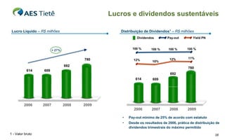 Lucros e dividendos sustentáveis

 Lucro Líquido – R$ milhões                       Distribuição de Dividendos1 – R$ milhões
                                                            Dividendos        Pay-out        Yield PN


                         + 27%                           100 %      100 %      100 %      100 %


                                        780                                    12%         11%
                                                          12%        10%
                                 692
                                                                                           780
           614    609
                                                                                692
                                                           614       609




         2006     2007           2008   2009
                                                          2006      2007       2008       2009

                                                   •   Pay-out mínimo de 25% de acordo com estatuto
                                                   •   Desde os resultados de 2006, prática de distribuição de
                                                       dividendos trimestrais do máximo permitido
1 - Valor bruto                                                                                            28
 