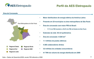 Perfil da AES Eletropaulo

 Área de Concessão

                                                          •   Maior distribuidora de energia elétrica da América Latina

                                                          •   Presente em 24 municípios na área metropolitana de São Paulo
                        Área Metropolitana de São Paulo
                                                          •   Área de concessão com maior PIB do Brasil:

                                                               –   17,1% do PIB brasileiro e 50,3% do PIB do Estado de São Paulo

                                                          •   Extensão da rede: 46 mil quilômetros

                                                          •   Área de concessão: 4.526 km2

                                                          •   1.1 milhões de postes elétricos

                                                          •   4.360 colaboradores diretos
         Regional Oeste          Regional Norte
         Regional Sul            Regional ABC             •   5,9 milhões de unidades consumidoras
         Regional Leste
                                                          •   41 TWh de volume de energia distribuída em 2009

Nota – Dados de Dezembro/2009, exceto PIB referente a 2006                                                                         9
 