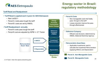 Energy sector in Brazil:
regulatory methodology
Tariff Reset and Readjustment
• Tariff Reset is applied each 4 years for AES Eletropaulo

• Parcel A Costs

− Next Jul/2011
− Parcel A: costs pass trough the tariff
− Parcel B: costs are set by ANEEL
• Tariff Readjustment: annually
− Parcel A costs pass trough the tariff
− Parcel B cost are adjusted by IGPM +/- X(1) Factor

X WACC

Energy
Purchase
Transmission
Sector Charges
Reference
Company
(PMSO)

Investment
Remuneration

Remuneration
Asset Base
X Depreciation

Depreciation

Regulatory
Ebitda
(1) X Factor: index that capture productivity gains

− Non-manageable costs that totally
pass- through to the tariff
− Losses reduction improve the passthrough effectiveness

• Reference Company:
– Efficient cost structure, determined by
ANEEL (National Electricity Agency)

• Remuneration Asset Base:
– Applicable investments used to
calculate the Investment Remuneration
(applying WACC) and Depreciation
Parcel A - Non-Manageable Costs
Parcel B - Manageable Costs

23

 