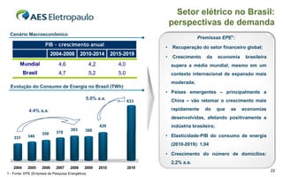 Setor elétrico no Brasil:
                                                                                   perspectivas de demanda
 Cenário Macroeconômico
                                                                                               Premissas EPE1:
                      PIB - crescimento anual                                  •   Recuperação do setor financeiro global;
                           2004-2008        2010-2014          2015-2019
                                                                               •   Crescimento      da     economia    brasileira
       Mundial                4,6                 4,2             4,0              supera a média mundial, mesmo em um
          Brasil              4,7                 5,2             5,0              contexto internacional de expansão mais
                                                                                   moderada;
  Evolução do Consumo de Energia no Brasil (TWh)
                                                                               • Países emergentes – principalmente a
                                              5.0% a.a.                            China – vão retomar o crescimento mais
                                                                        633

             4.4% a.a.                                                             rapidamente     do      que   as   economias
                                                                                   desenvolvidas, afetando positivamente a
                                                        420                        indústria brasileira;
                                     393      388
                    358      378
    331     346                                                                • Elasticidade-PIB do consumo de energia
                                                                                   (2010-2019): 1,04

                                                                               • Crescimento do número de domicílios:
                                                                                   2,2% a.a.
   2004     2005    2006     2007    2008     2009      2010            2019
                                                                                                                                    22
1 - Fonte: EPE (Empresa de Pesquisa Energética)
 