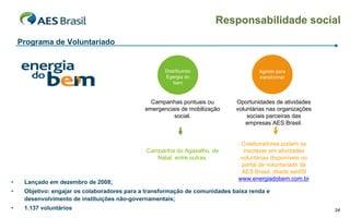 Responsabilidade social
    Programa de Voluntariado


                                                     Distribuindo                    Agindo para
                                                     Egergia do                      transformar
                                                         bem



                                                Campanhas pontuais ou        Oportunidades de atividades
                                              emergenciais de mobilização    voluntárias nas organizações
                                                        social.                  sociais parceiras das
                                                                                 empresas AES Brasil.


                                                                               Colaboradores podem se
                                              Campanha do Agasalho, de         inscrever em atividades
                                                 Natal, entre outras.         voluntárias disponíveis no
                                                                               portal de voluntariado da
                                                                               AES Brasil, desde set/09
                                                                              www.energiadobem.com.br
•    Lançado em dezembro de 2008;
•    Objetivo: engajar os colaboradores para a transformação de comunidades baixa renda e
     desenvolvimento de instituições não-governamentais;
•    1.137 voluntários                                                                                      34
 