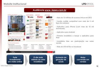 Fonte: Google Analytics,
O site mais
visitado do setor
imobiliário
Forte
Investimento
em mídia online
Aumento da
geração de
Leads
Maior
conversão em
vendas
Audiência www. lopes.com.br
Website Institucional
• Mais de 15 milhões de acessos únicos em 2012
• Versão mobile compatível com mais de 5 mil
tipos de celulares
• Aplicativo para IPhone (com mais de 18 mil
downloads)
• Aplicativo para Android
• Primeira imobiliária a lançar o aplicativo para
iPad
• Imobiliária líder em participação nas redes
sociais.
• Mais de 370 mil fãs no Facebook
12
 