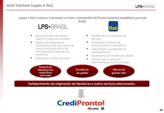 Lopes e Itaú criaram a primeira e maior companhia de financiamento imobiliário pura do
Brasil.
Posição de
liderança nos
respectivos
mercados
Excelência
de gestão
Marcas de
grande valor
 Base de dados de clientes
impar no mercado brasileiro
 Operação integrada e
consistente com o processo de
venda, incluindo plano de
remuneração baseado em
incentivos
 Exposição à mídia da Lopes
 Excelência na prestação de
serviços
 Condições e termos de
financiamento competitivos
 Velocidade e qualidade de
processamento
 Experiência em análise de crédito
 Histórico de sucesso em
financiamento e joint ventures
Joint Venture Lopes e Itaú
Fortalecimento da originação de hipotecas e outros serviços relacionados.
35
 