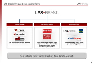 Joint Venture with Banco Itaú to
provide mortgage loans
Low, mid and high-income segments
Mortgage LoanPrimary Market Secondary Market
Focus on secondary market, with a
unique model of own stores and a
network of licensed brokers
Growth through acquisitions
LPS Brasil: Unique Business Platform
+
Top vehicle to Invest in Brazilian Real Estate Market.
8
 
